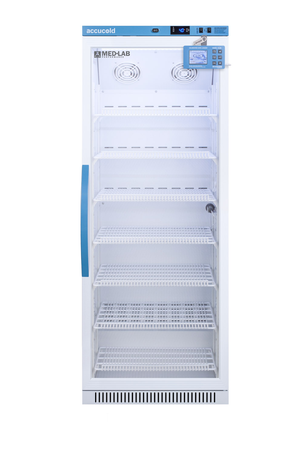 Performance series Med-Lab 12 cu.ft. upright glass door all-refrigerator for laboratory storage with factory-installed data logger, antimicrobial silver-ion handle, and hospital grade cord with 'green dot' plug